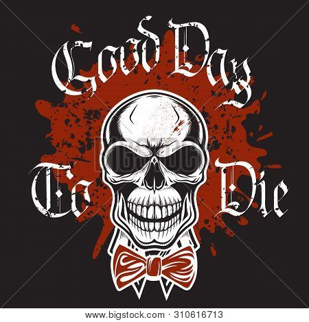 Smiling Human Skull With Bow-tie Vector Engraved Grunge Illustration On Black Background With Splash