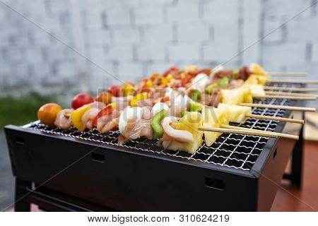 Assorted Delicious Barbecue With Meat And Vegetable On The Stove