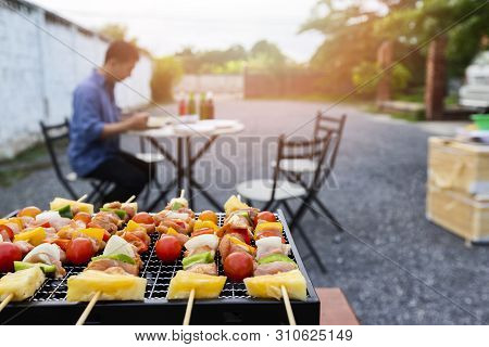 Assorted Delicious Barbecue With Meat And Vegetable On The Stove