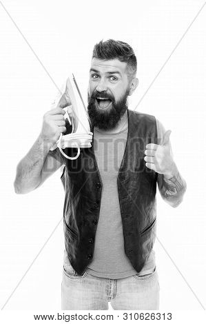 Ready To Ironing. Bearded Man Hold Clothes Iron Showing Thumbs Up. Household Ironing. Hipster With E
