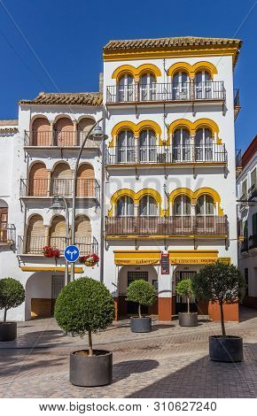 Ecija, Spain - May 13, 2019: Historic House At The Plaza De Espana Square In Ecija, Spain