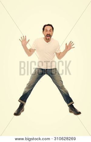 Man Excited Jumping. Mature Charismatic Speaker Excited To Inform. Full Of Excitement. Happy Emotion