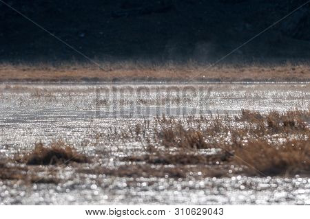 Sparkling Water In Sunlight With Steam And Dark Background.
Water Sparkles In The Sun, Steam Rises. 