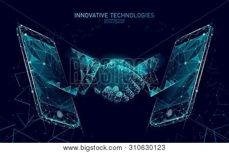 Internet Technology 3d Businessman Handshake. Business Agreement Contract Concept. Success Web Netwo