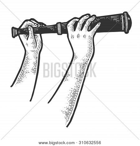 Spyglass Monocular Telescope In Hands Sketch Engraving Vector Illustration. Scratch Board Style Imit