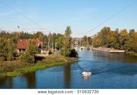 Ust-izhora, Saint-petersburg, Russia - September 29, 2018:  White Boat On The Izhora River. On The L