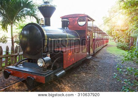 Mauritius - April 26, 2012:  Ancient Steam Locomotive On Tightly-track Railroad. Mauritius.