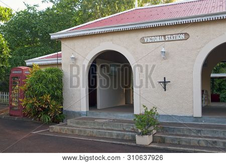 Mauritius - April 26, 2012: Stylized Antique Railway Station In A Park In Mauritius