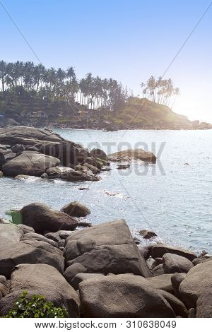 Tropical Beach Palolem, Goa, India Landscape In Sunny Day