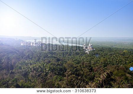 Aerial Panoramic View Old Goa. Mandovi River And Ancient Churche