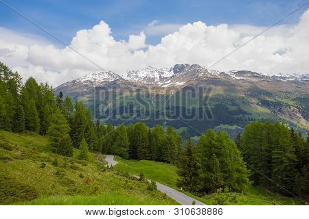 View From The Gavia Pass, An Alpine Pass Of The Southern Rhaetian Alps, Marking The Administrative B