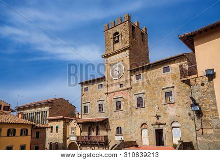 Cortona, Italy - April 3: Cortona Communal Palace With Renaissance Tower Clock In The Historic Cente