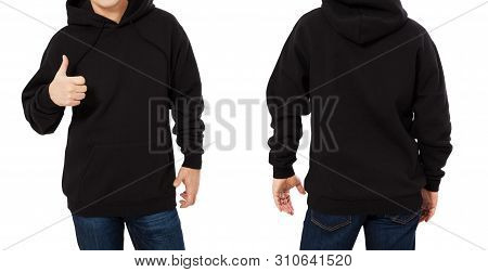 Man In Black Sweatshirt Template Isolated. Male Black Sweatshirts Set With Mockup And Copy Space. Ho
