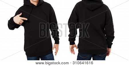 Pointed Man In Black Sweatshirt Template Isolated. Male Sweatshirts Set With Mockup And Copy Space.