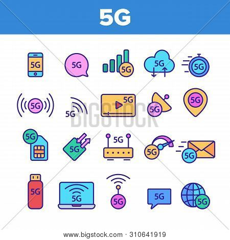 5g Fast Network, Connection To Website Vector Icons Set. High Speed Internet, 5g Generation Of Servi