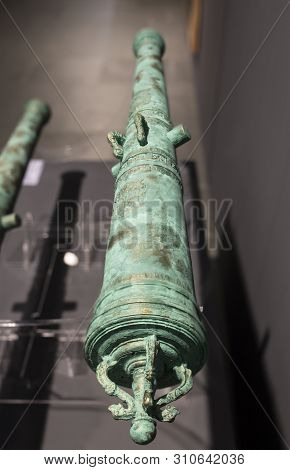 Cartagena, Spain - September 14th, 2018: Spanish 18th Bronze Cannon Belonged To Santa Barbara And Sa