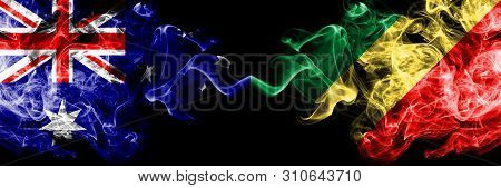 Australia Vs Congo, Congolese Smoky Mystic Flags Placed Side By Side. Thick Colored Silky Smokes Com