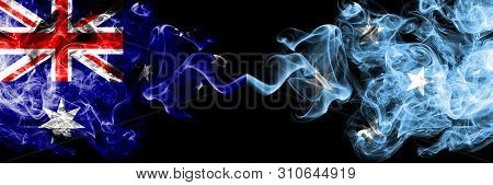 Australia Vs Micronesia, Micronesian Smoky Mystic Flags Placed Side By Side. Thick Colored Silky Smo