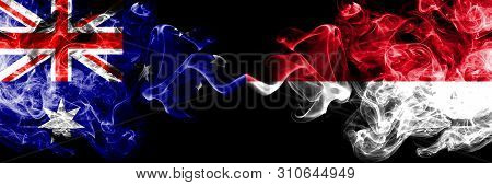 Australia Vs Monaco, Monacan Smoky Mystic Flags Placed Side By Side. Thick Colored Silky Smokes Comb