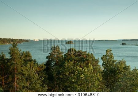 Turku, Finland - June 27 2019: View Of Ferry Viking Line On Baltic Sea And Turku Archipelago From Ru