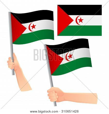 Sahrawi Arab Democratic Republic Flag In Hand. Patriotic Background. National Flag Of Sahrawi Arab D
