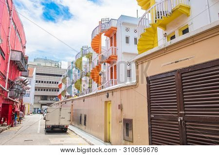 Colorful Spiral Stairs Of Singapore Apartment, Landmark And Popular For Tourist Attractions In Bugis