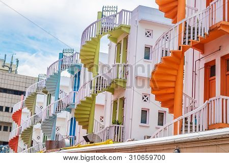 Colorful Spiral Stairs Of Singapore Apartment, Landmark And Popular For Tourist Attractions In Bugis