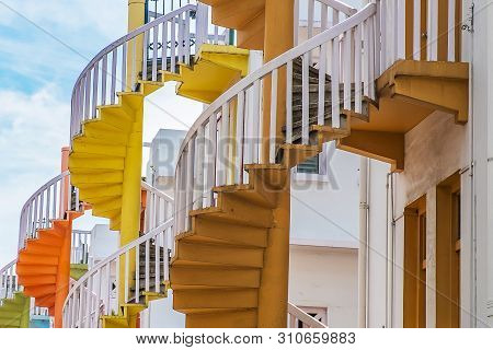 Colorful Spiral Stairs Of Singapore Apartment, Landmark And Popular For Tourist Attractions In Bugis