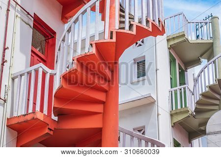 Colorful Spiral Stairs Of Singapore Apartment, Landmark And Popular For Tourist Attractions In Bugis