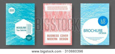Annual Report Covers Design Set. Blue, Teal And Coral Color Waves Texture. Buoyant Wavy Flux Backgro