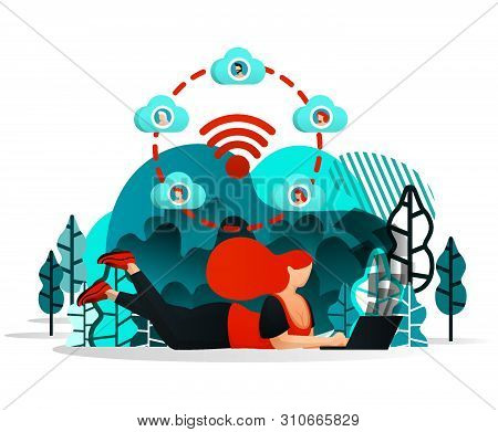 Internet Of Things To Share. Girl Or People Can Work With Friend Anywhere Using Internet And Wifi Ne