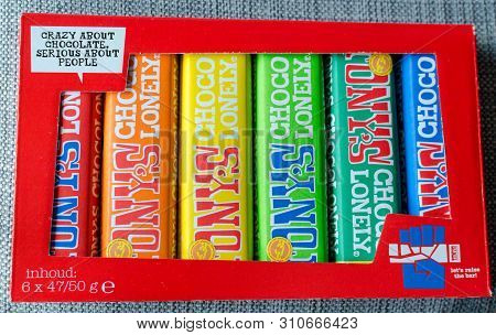 Amsterdam, Netherlands - May 04 2019: Tonys Chocolonely Milk Chocolate. Fair Trade Chocolate Made By