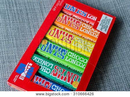 Amsterdam, Netherlands - May 04 2019: Tonys Chocolonely Milk Chocolate. Fair Trade Chocolate Made By