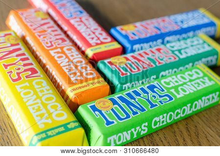 Amsterdam, Netherlands - May 04 2019: Tonys Chocolonely Milk Chocolate. Fair Trade Chocolate Made By
