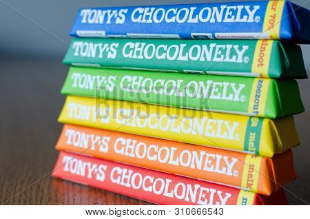 Amsterdam, Netherlands - May 04 2019: Tonys Chocolonely Milk Chocolate. Fair Trade Chocolate Made By