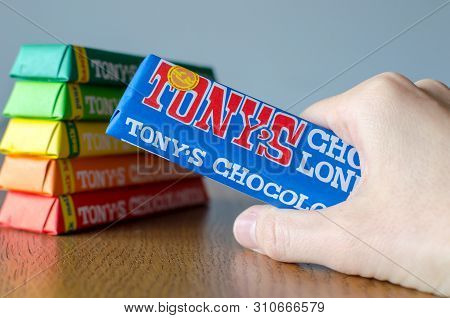 Amsterdam, Netherlands - May 04 2019: Tonys Chocolonely Milk Chocolate. Fair Trade Chocolate Made By