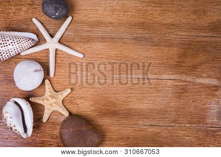 Flatlay Witn Stones And Seashell, Starfish, On Wooden Background
