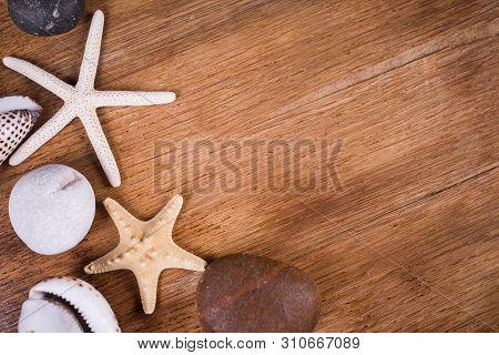 Flatlay Witn Stones And Seashell, Starfish, On Wooden Background