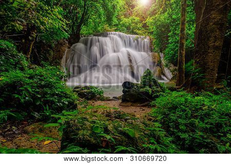 Huai-mae-kha-min Waterfall, Beautiful Waterwall In Nationalpark Of Kanchanaburi Province, Thailand.