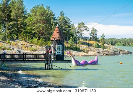 Naantali, Finland - 28 June, 2019: Bathing Hut And Edvard The Booble In Park Moominworld At Sunny Su