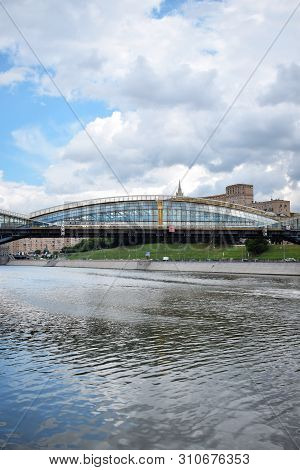 Moscow, Russia - July 8, 2019: The View Of Bogdan Khmelnitsky Pedestrian Bridge Across Moskva River 