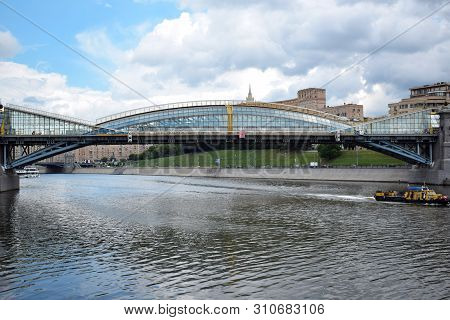 Moscow, Russia - July 8, 2019: The View Of Bogdan Khmelnitsky Pedestrian Bridge Across Moskva River 