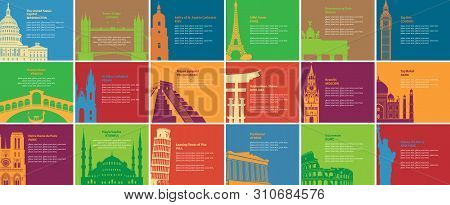Set Of Vector Banners On The Travel Theme With Different Historical Sites. Europe, Asia, America. To