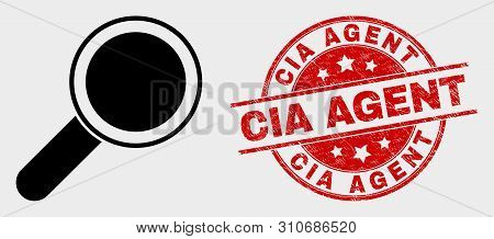 Vector Magnifier Tool Icon And Cia Agent Seal Stamp. Red Rounded Grunge Seal Stamp With Cia Agent Ca