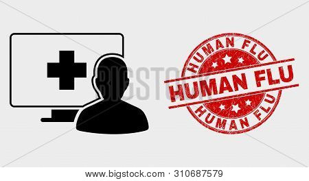 Vector Online Medical Patient Pictogram And Human Flu Seal Stamp. Red Rounded Textured Seal Stamp Wi