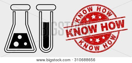 Vector Chemical Glassware Icon And Know How Seal. Red Round Grunge Stamp With Know How Caption. Vect