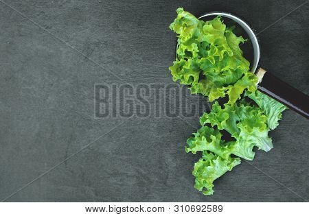 Green Lettuce Leaves In Kitchen Ladle On Stone Cutting Board On Kitchen Table.