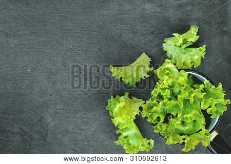 Green Lettuce Leaves In Kitchen Ladle On Stone Cutting Board On Kitchen Table.