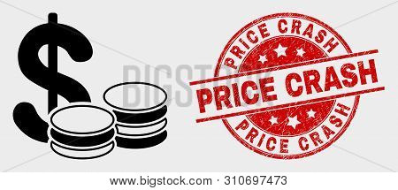Vector Cash Icon And Price Crash Seal Stamp. Red Rounded Scratched Seal With Price Crash Text. Vecto