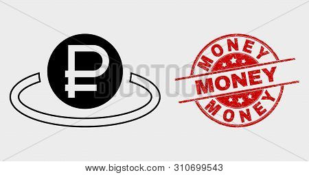 Vector Rouble Area Pictogram And Money Seal Stamp. Red Round Grunge Seal With Money Caption. Vector 